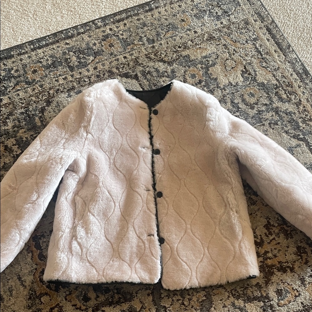 All Saints White Textured Leather and Shearling Duthie Reversible Jacket